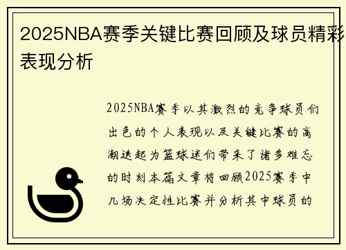 2025NBA赛季关键比赛回顾及球员精彩表现分析